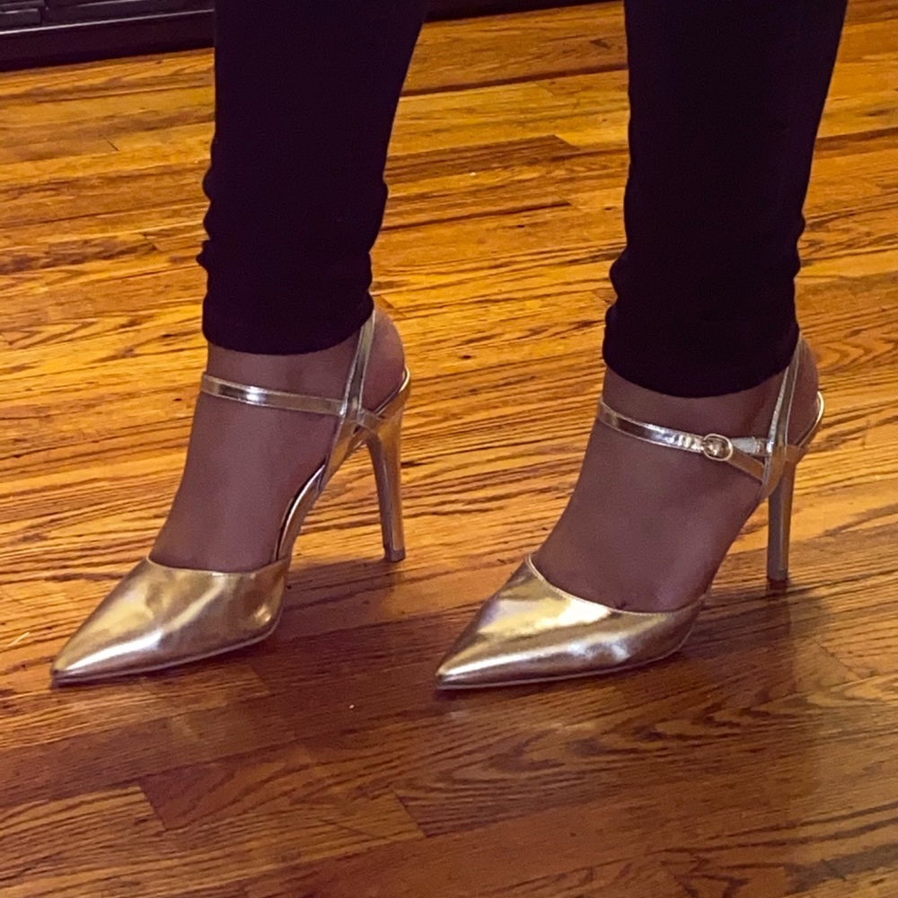 Gold Pointed Strap Stiletto Heels